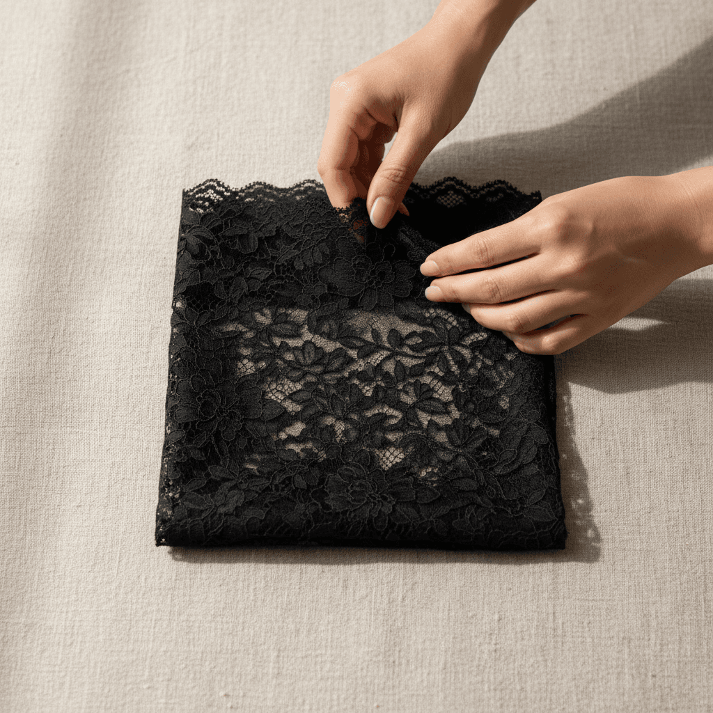Hands gently folding a black lace head covering on a linen surface