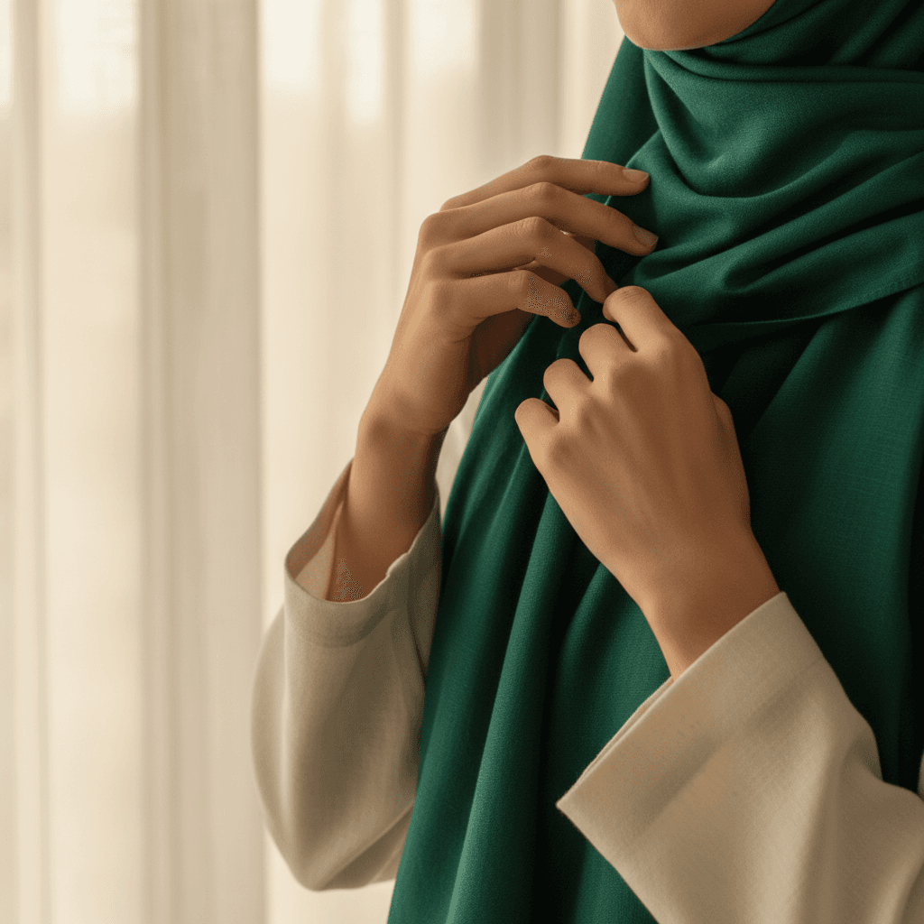 Woman adjusting her black lace head covering