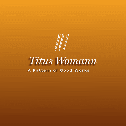 Orange background with three bobby pins above Titus Womann, A Pattern of Good Works.